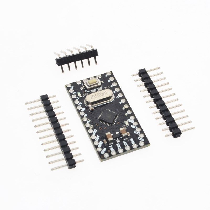 Arduino Mini Pro (ATmega168P) bovenkant schuin met headerpins